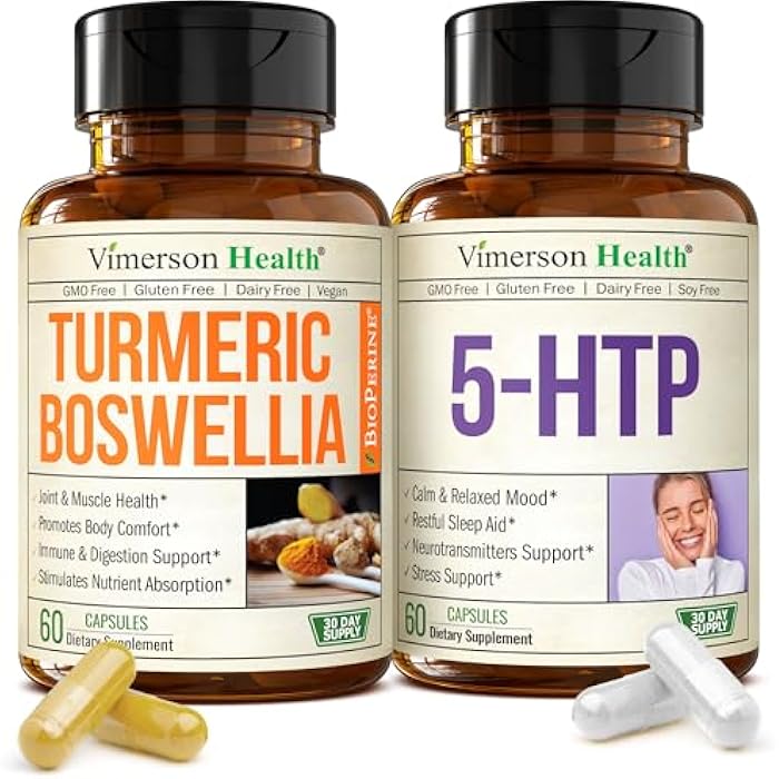 Vimerson Health Boswellia Turmeric Curcumin Supplement + 5HTP Sleep Supplement Bundle – Joint Health Support, Sleep Aid & Occasional Stress Support – with Ginger Root, Organic Turmeric Powder, 5 HTP & Calcium - Image 1