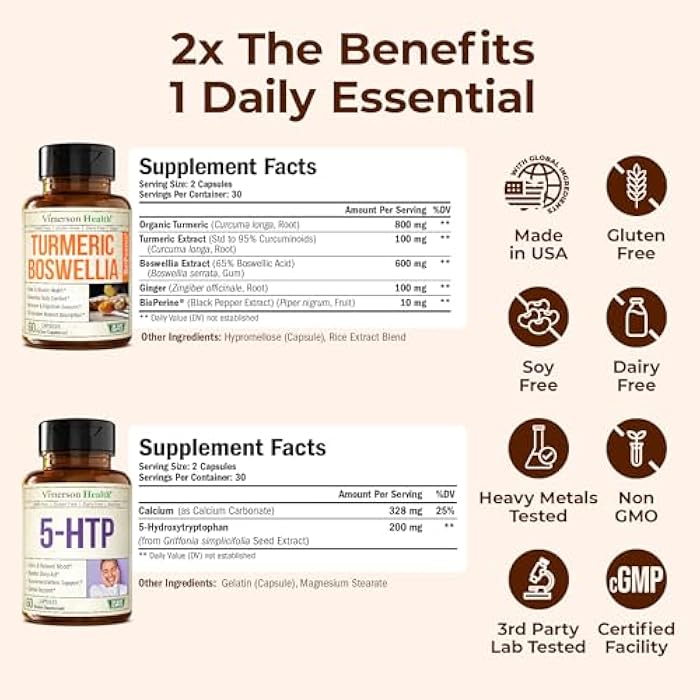 Vimerson Health Boswellia Turmeric Curcumin Supplement + 5HTP Sleep Supplement Bundle – Joint Health Support, Sleep Aid & Occasional Stress Support – with Ginger Root, Organic Turmeric Powder, 5 HTP & Calcium - Image 3