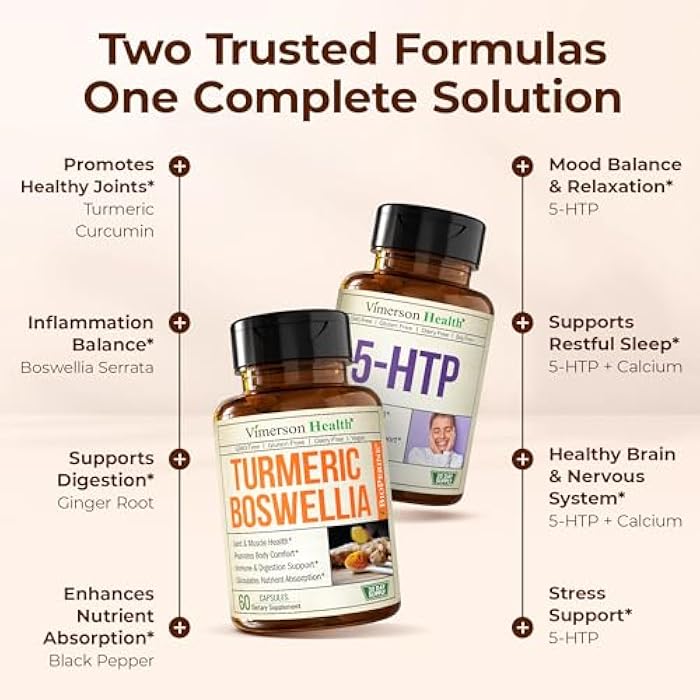 Vimerson Health Boswellia Turmeric Curcumin Supplement + 5HTP Sleep Supplement Bundle – Joint Health Support, Sleep Aid & Occasional Stress Support – with Ginger Root, Organic Turmeric Powder, 5 HTP & Calcium - Image 5