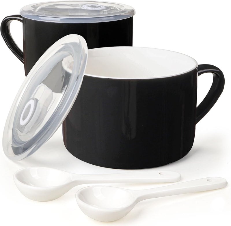 Wareland Soup Bowls with Handles  Spoons 30oz Ceramic Ramen Bowl with Lid Large Soup MugsCups for Instant Noodle Big Cereal Bowls for Oatmeal Soup Containers with Lids Set of 2 Black - Image 1