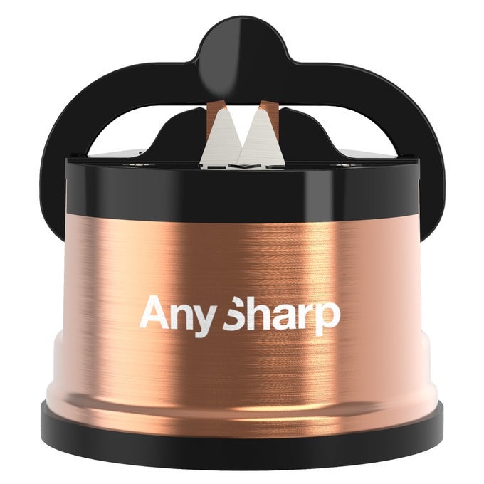 CHEF HANDS FREE KNIFE SHARPENER EASY TO USE SHARPENING TOOL WITH POWERGRIP SUCTION BASE AND 20DEGREE PRESET ANGLE FOR ALL KNIVES CHEFS SERRATED AND HARDENED STEEL COPPER