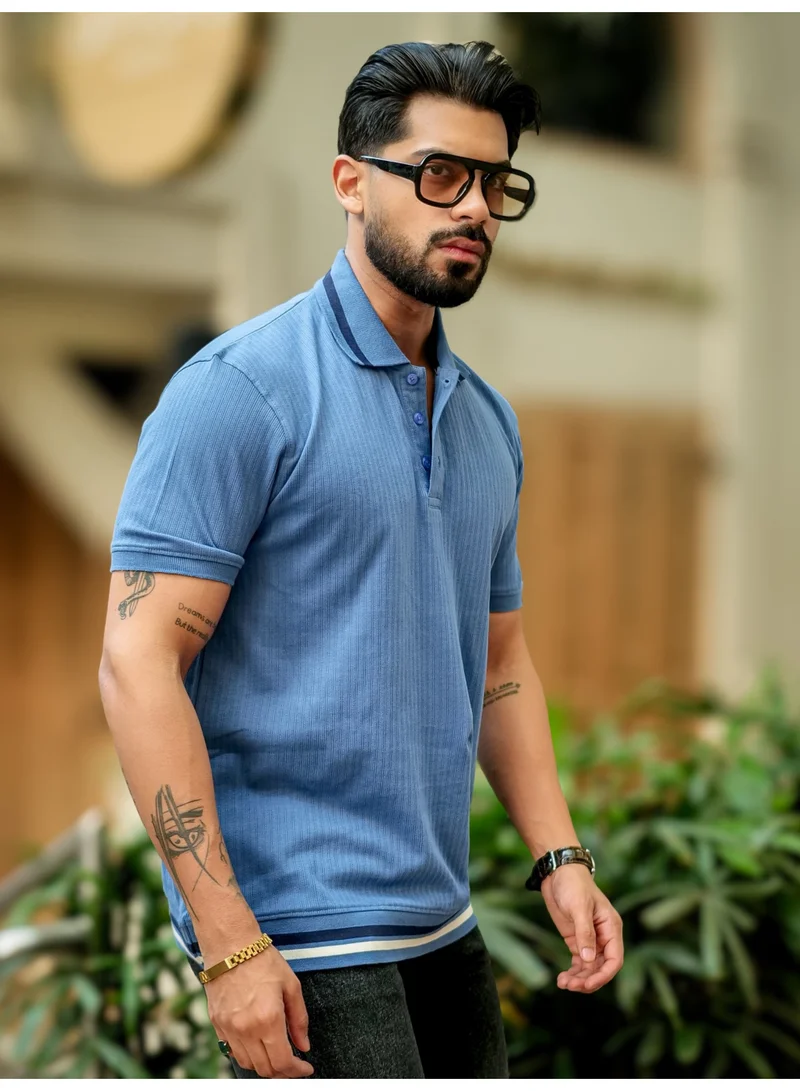 Maniac Maniac Men Solid Polo Neck Half Sleeve Denim Blue Cotton Slim Fit T-Shirt