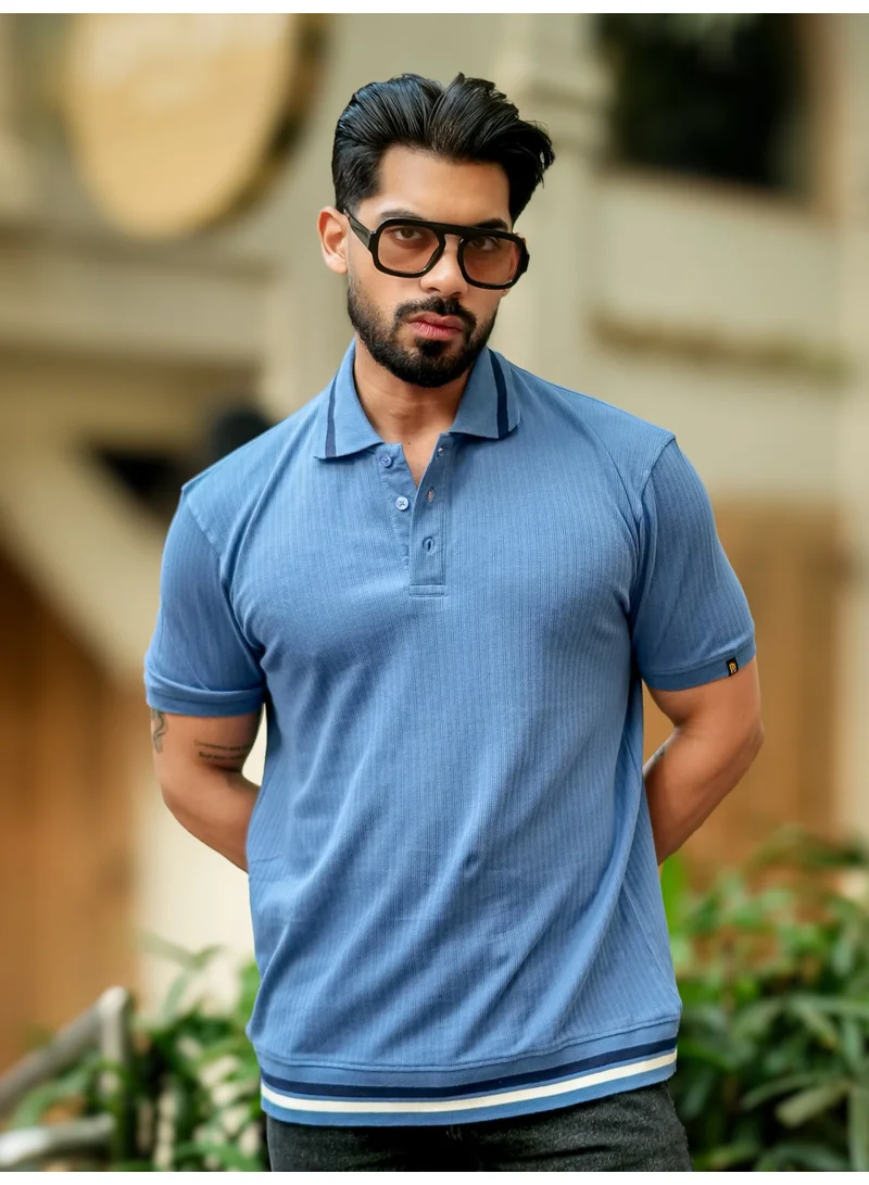 Maniac Maniac Men Solid Polo Neck Half Sleeve Denim Blue Cotton Slim Fit T-Shirt
