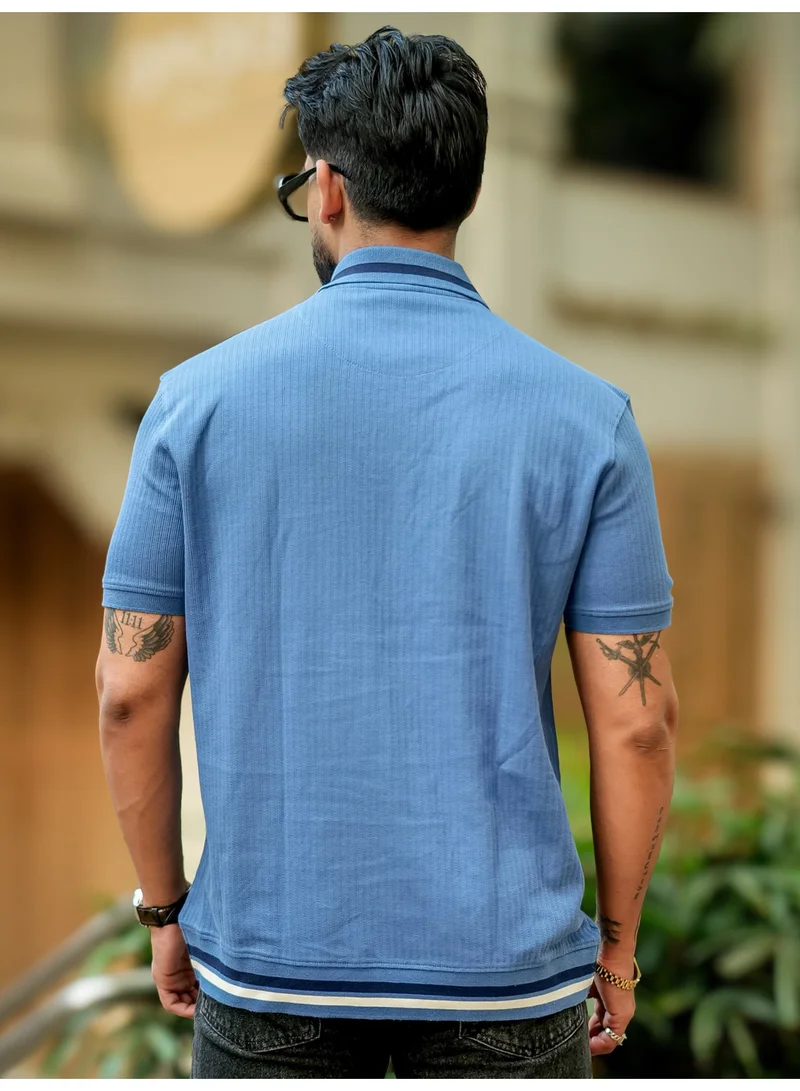 Maniac  Maniac Men solid polo neck half sleeve denim blue cotton slim fit t-shirt for Men | Best Price UAE