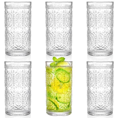 Bekith 6 Pack 12 oz Romantic Water Glasses Premium Drinking Glasses Tumblers for Beverages Beer Refreshments Vintage Glassware Set for Dinner Parties Bars Restaurants