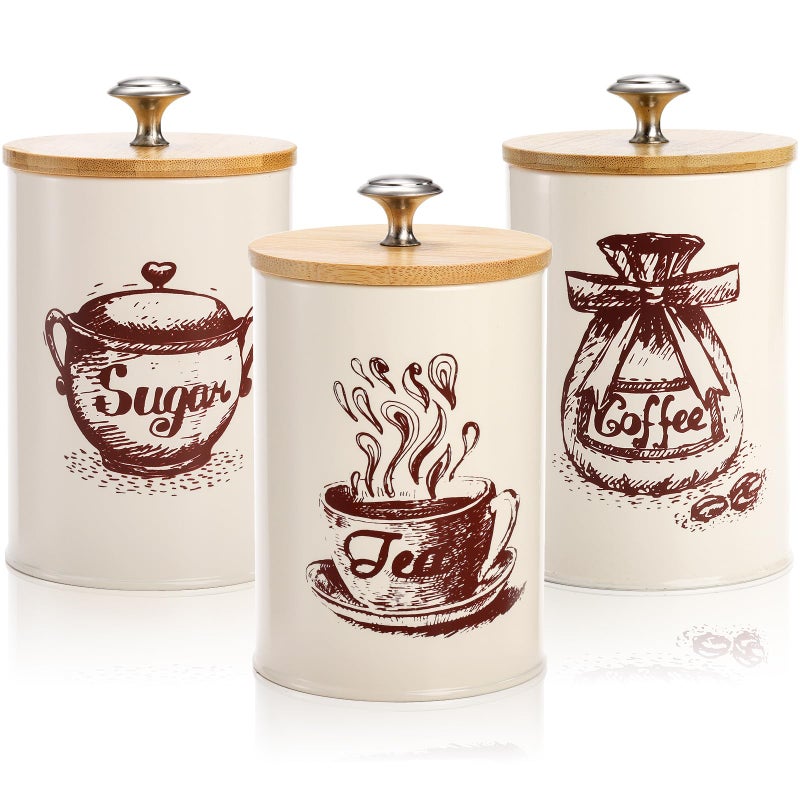 Youeon Small Canister Sets for Kitchen Counter, 25 Oz Coffee Sugar Tea Canister Set, Metal Vintage Kitchen Container 3 Pack, Food Storage Containers with Bamboo Lid, Farmhouse Decor, Beige - Image 1