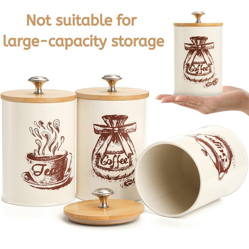 Youeon Small Canister Sets for Kitchen Counter, 25 Oz Coffee Sugar Tea Canister Set, Metal Vintage Kitchen Container 3 Pack, Food Storage Containers with Bamboo Lid, Farmhouse Decor, Beige - Image 4