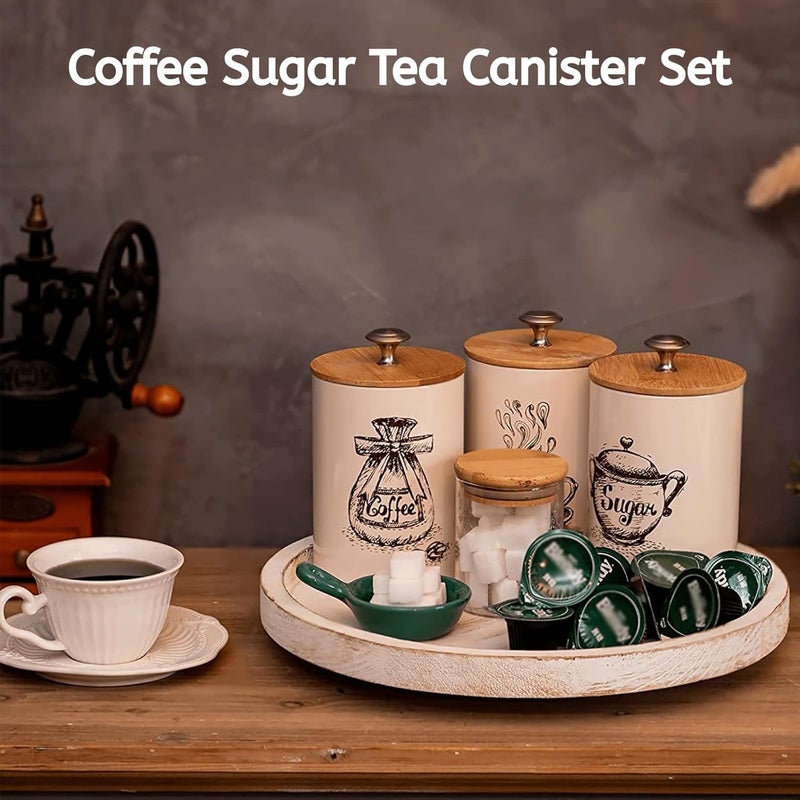 Youeon Small Canister Sets for Kitchen Counter, 25 Oz Coffee Sugar Tea Canister Set, Metal Vintage Kitchen Container 3 Pack, Food Storage Containers with Bamboo Lid, Farmhouse Decor, Beige - Image 5