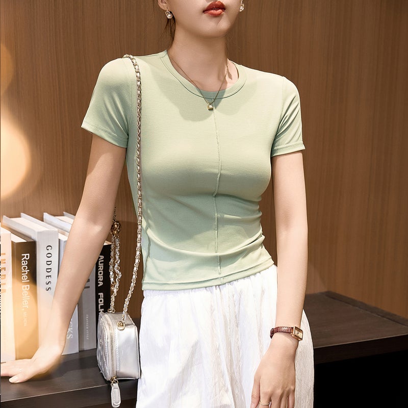 Tencel Ribbed Lyocell Cotton Zhen Quality Top Line Design T-Shirt Women's Short-Sleeved Tight Inner Base Top - Image 1