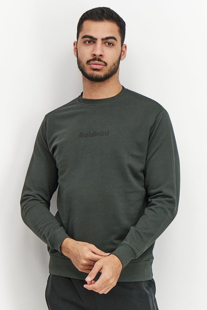 Baldinini Men Round Neck Brand Logo Long Sleeve Sweatshirt, Olive and Black - Image 1