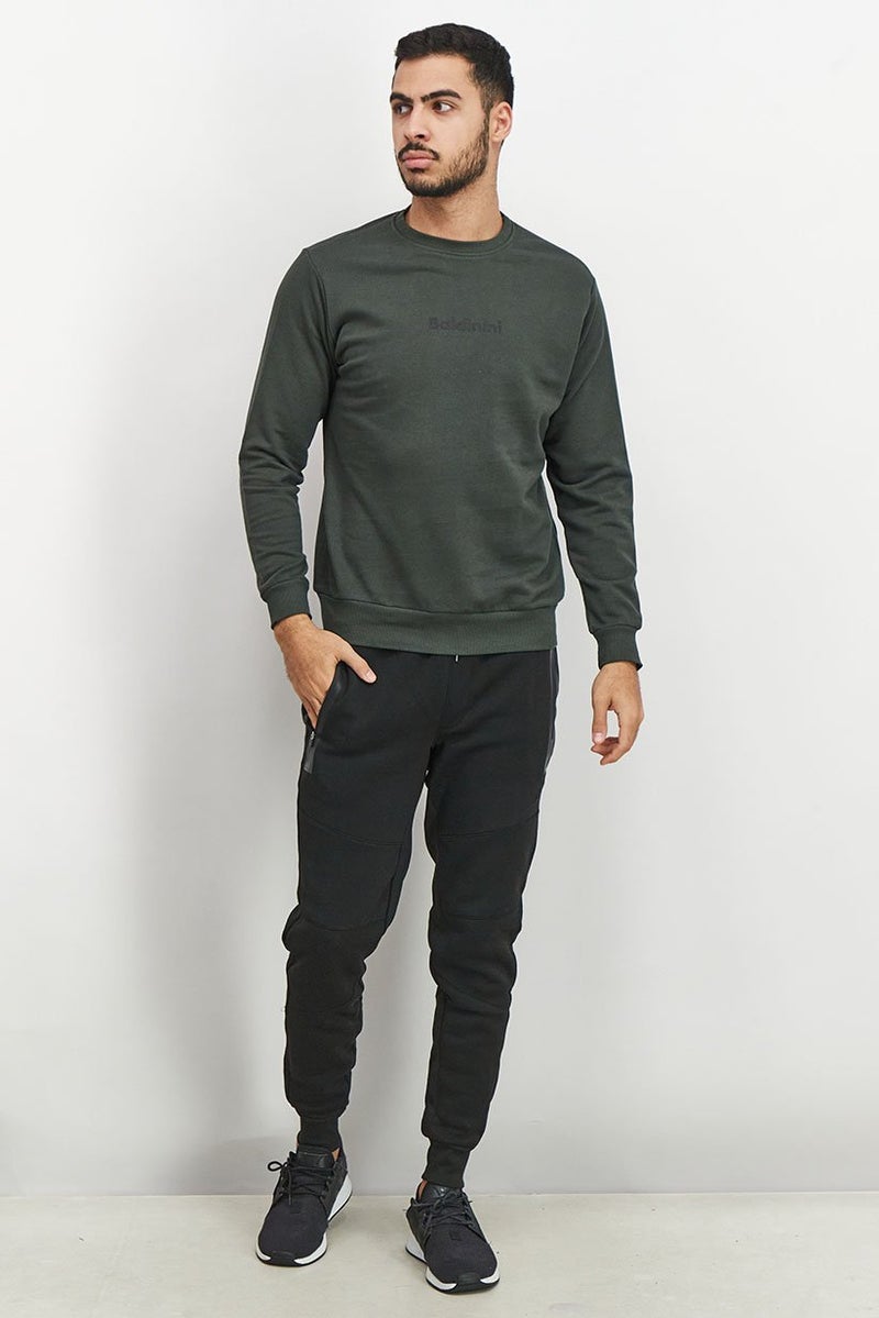 Baldinini Men Round Neck Brand Logo Long Sleeve Sweatshirt, Olive and Black - Image 4