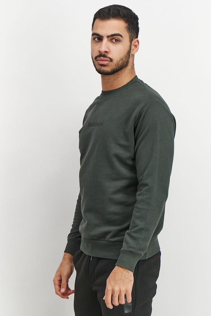 Baldinini Men Round Neck Brand Logo Long Sleeve Sweatshirt, Olive and Black - Image 2