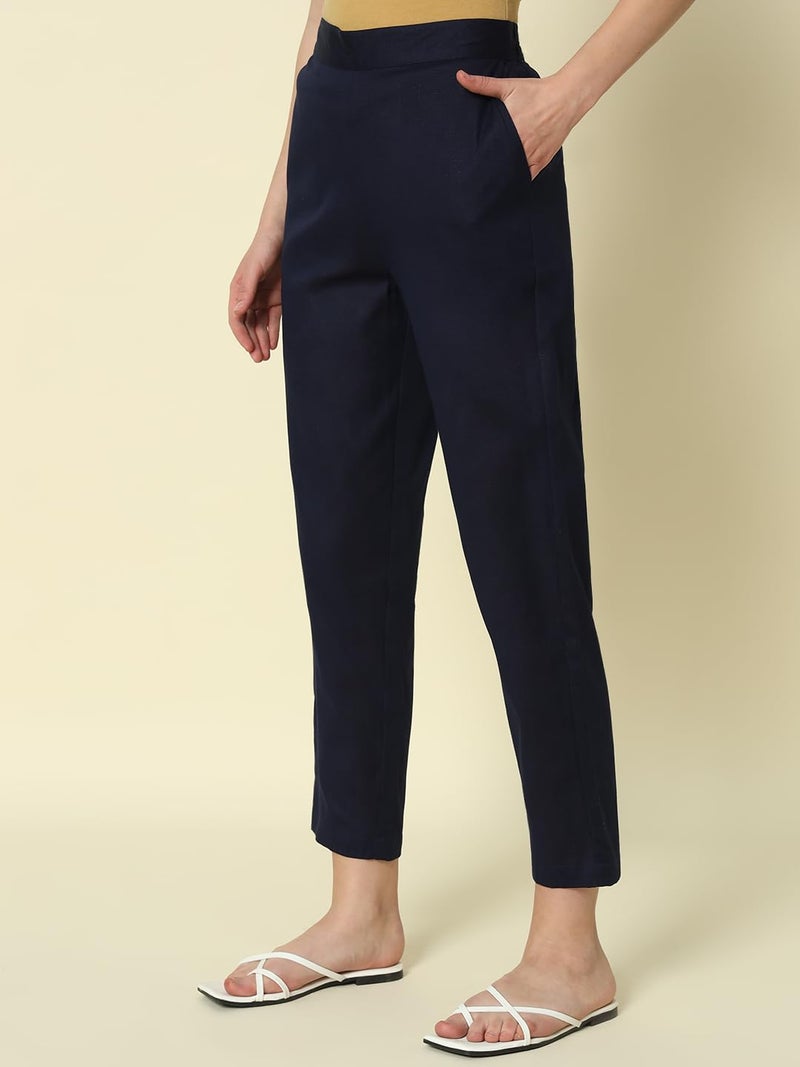 FIORRA Women's Navy Blue Cotton Solid Pant BTM009 - Image 4