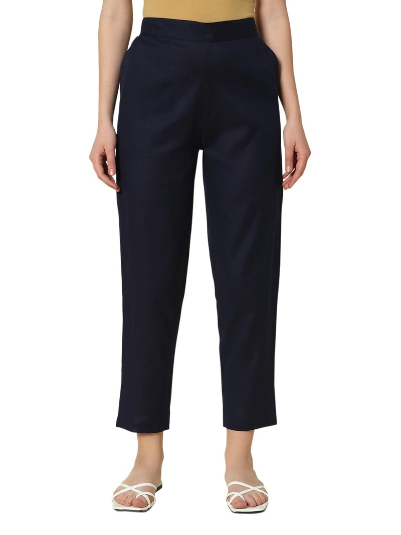 FIORRA Women's Navy Blue Cotton Solid Pant BTM009 - Image 1