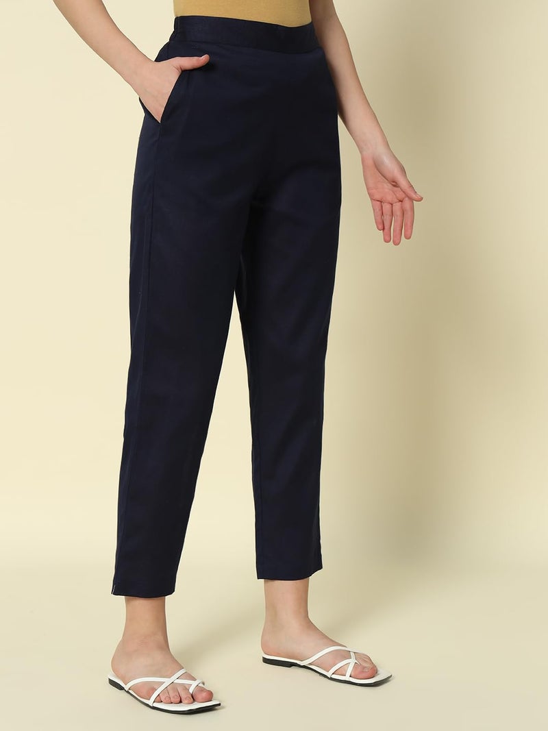 FIORRA Women's Navy Blue Cotton Solid Pant BTM009 - Image 3