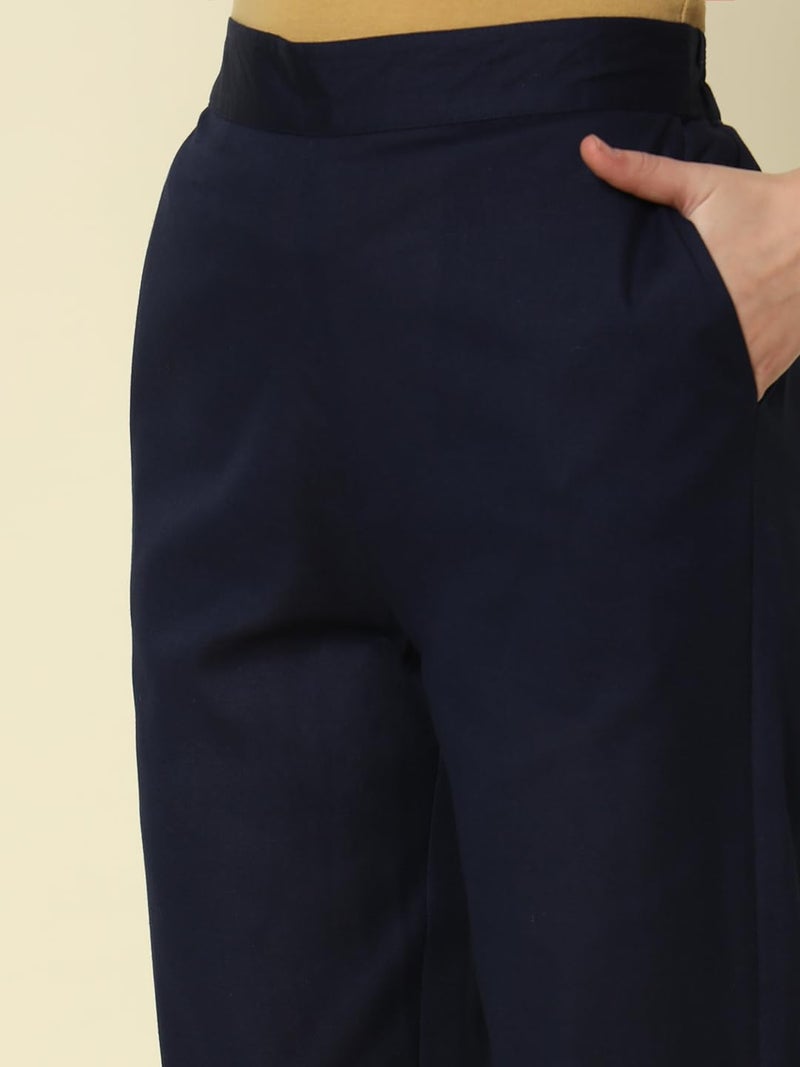 FIORRA Women's Navy Blue Cotton Solid Pant BTM009 - Image 5