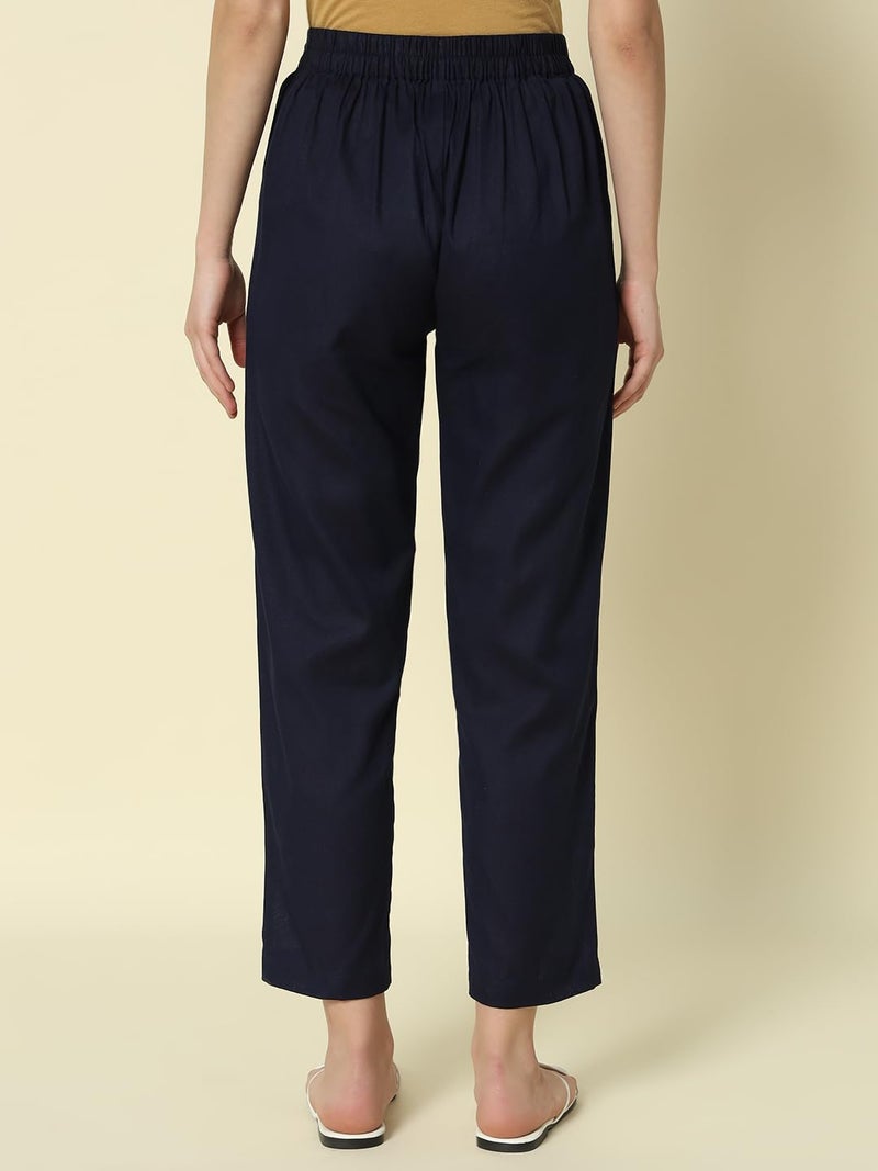 FIORRA Women's Navy Blue Cotton Solid Pant BTM009 - Image 2