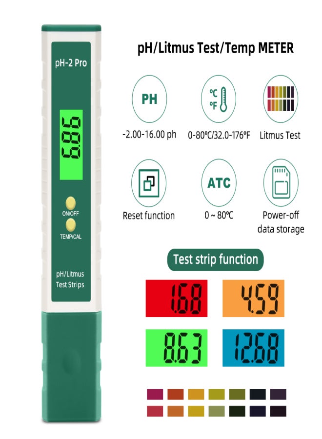 قلم قياس جودة المياه pH-2 Pro الرقمي لقياس درجة الحموضة بدقة 0.01 نطاق قياس -2.00~16.00 مع شاشة عرض بإضاءة خلفية، مناسب للأحواض المائية، ومختبرات القياس  - Image 2