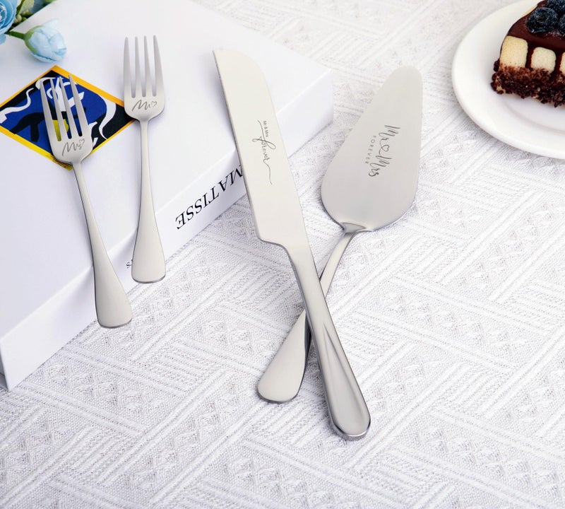 VARLKA Silver Cake Cutting Set for Wedding, Cake Knife and Server Set, Bride & Groom Cutter Server Set and Forks, Birthday, Wedding, Bridal Shower Gifts for Couples - Image 4