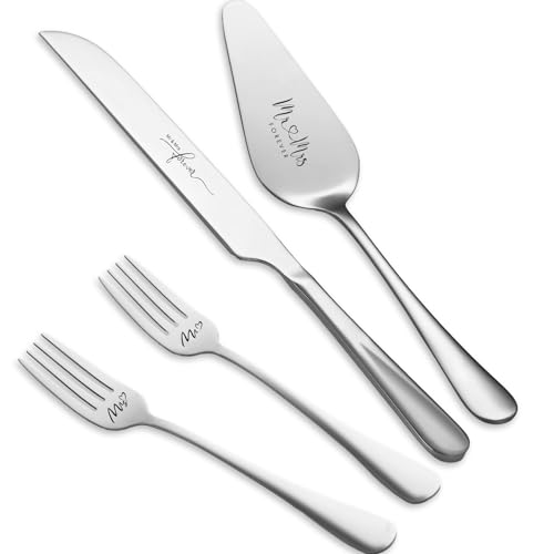 VARLKA Silver Cake Cutting Set for Wedding, Cake Knife and Server Set, Bride & Groom Cutter Server Set and Forks, Birthday, Wedding, Bridal Shower Gifts for Couples - Image 1