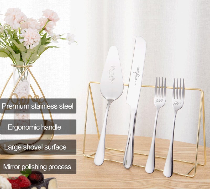 VARLKA Silver Cake Cutting Set for Wedding, Cake Knife and Server Set, Bride & Groom Cutter Server Set and Forks, Birthday, Wedding, Bridal Shower Gifts for Couples - Image 2
