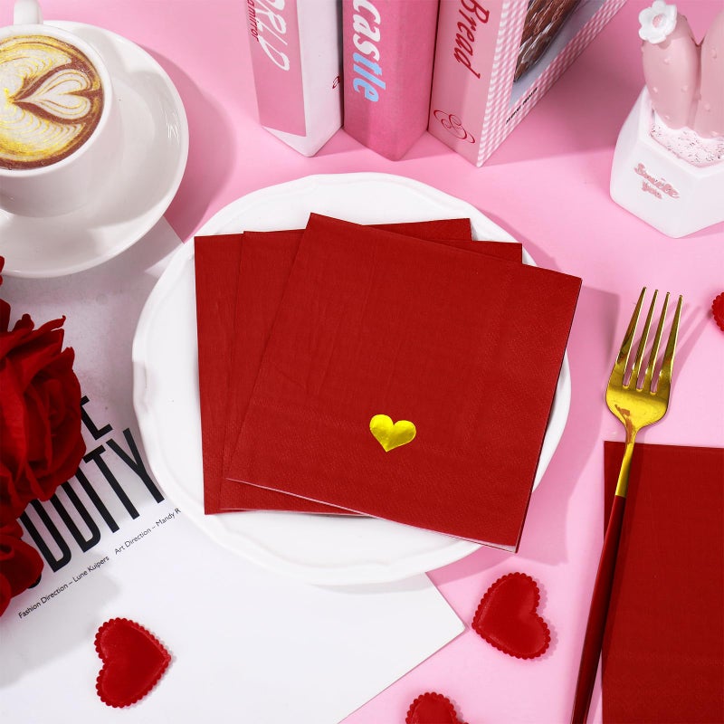 JarThenaAMCS Valentine's Day Guest Napkins Red Heart Disposable Paper Napkin Gold Foil Dinner Hand Napkins for Wedding Anniversary Birthday Dinner Party Supplies Table Decor, 50 Pcs - Image 2