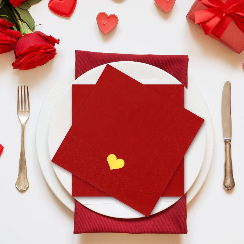 JarThenaAMCS Valentine's Day Guest Napkins Red Heart Disposable Paper Napkin Gold Foil Dinner Hand Napkins for Wedding Anniversary Birthday Dinner Party Supplies Table Decor, 50 Pcs - Image 4