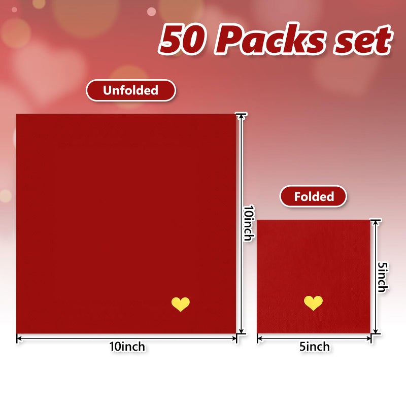 JarThenaAMCS Valentine's Day Guest Napkins Red Heart Disposable Paper Napkin Gold Foil Dinner Hand Napkins for Wedding Anniversary Birthday Dinner Party Supplies Table Decor, 50 Pcs - Image 1