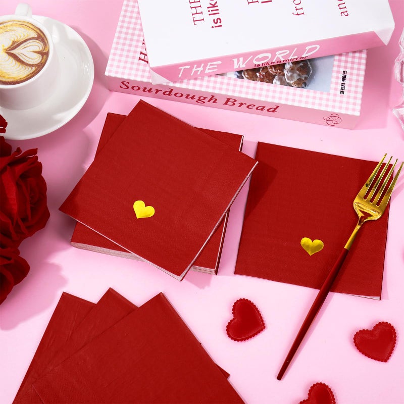 JarThenaAMCS Valentine's Day Guest Napkins Red Heart Disposable Paper Napkin Gold Foil Dinner Hand Napkins for Wedding Anniversary Birthday Dinner Party Supplies Table Decor, 50 Pcs - Image 3