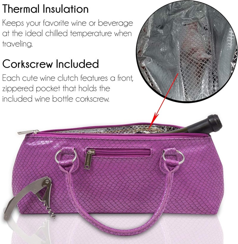 Primeware Wine Clutch Bag (Thermal Insulated) Trendy Women’s Carry Tote | Holds Red & White 750mL Bottles | Trendy Fashion | Incl. Portable Waiter-Style Corkscrew (Lavender Burmese) - Image 3