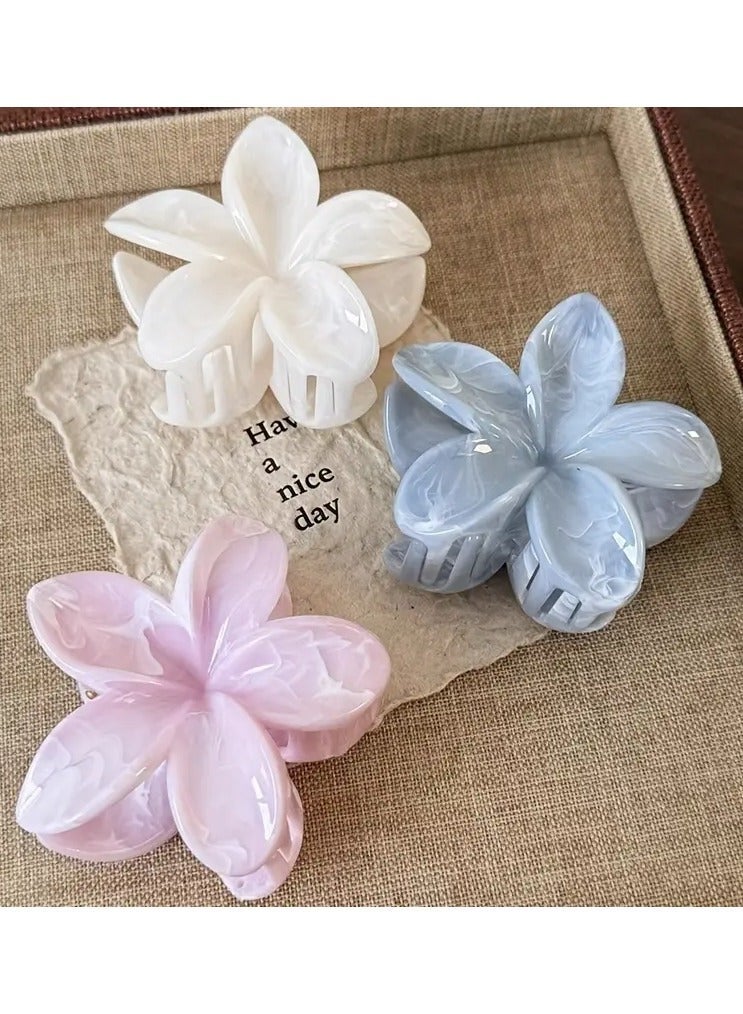 Ucanbe Plumeria Hair Clips - 3-Piece Set (White, Pink, Blue), Sweet 3D Back Hairpins - Image 4