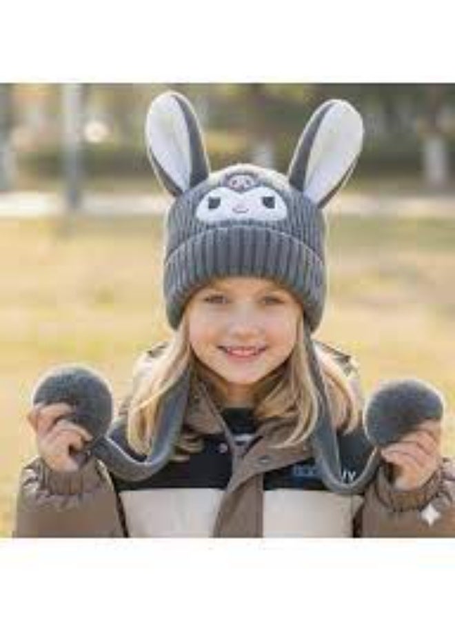 Children's winter hat 🐰❄️ Cute bunny design with soft ears and two pom-poms on the sides, warm and comfortable for the cold season - Image 3