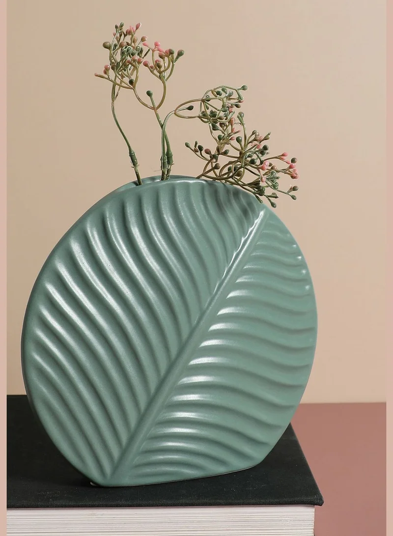 Bonhomie Leaf Textured Round Modern Ceramic Flower Vase For Home Decor