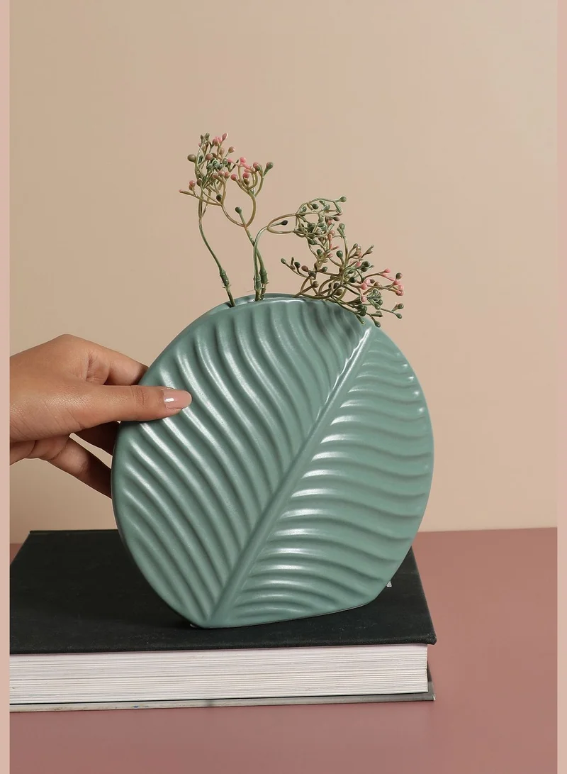 Bonhomie Leaf Textured Round Modern Ceramic Flower Vase For Home Decor