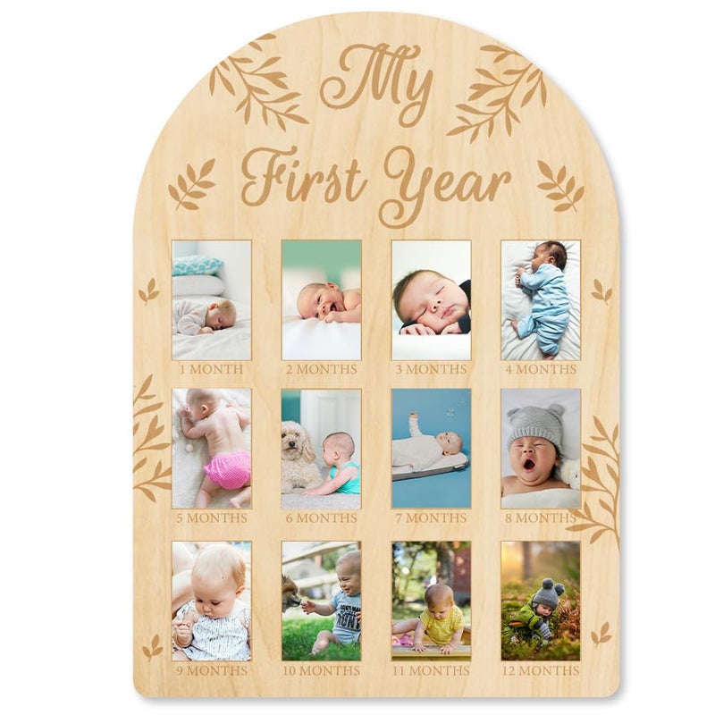 ORIGACH ORIGACH My First Year Baby Growth Photo Display Wood Board 12 Months Newborn Milestones Picture Frame Neutral Baby Keepsake Board 1st Birthday Party Nursery Decor New Mom Gift Leaves Pattern