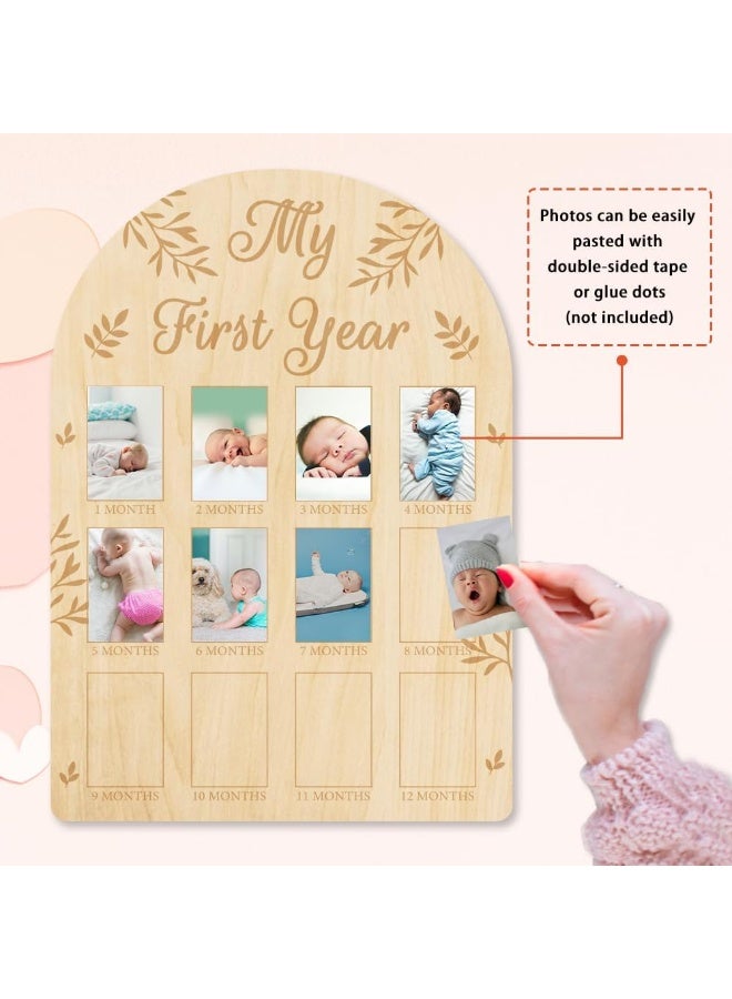 ORIGACH My First Year Baby Growth Photo Display Wood Board - 12 Months Newborn Milestones Picture Frame - Neutral Baby Keepsake Board 1st Birthday Party Nursery Decor New Mom Gift - Leaves Pattern - Image 4