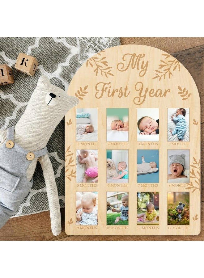 ORIGACH My First Year Baby Growth Photo Display Wood Board - 12 Months Newborn Milestones Picture Frame - Neutral Baby Keepsake Board 1st Birthday Party Nursery Decor New Mom Gift - Leaves Pattern - Image 5