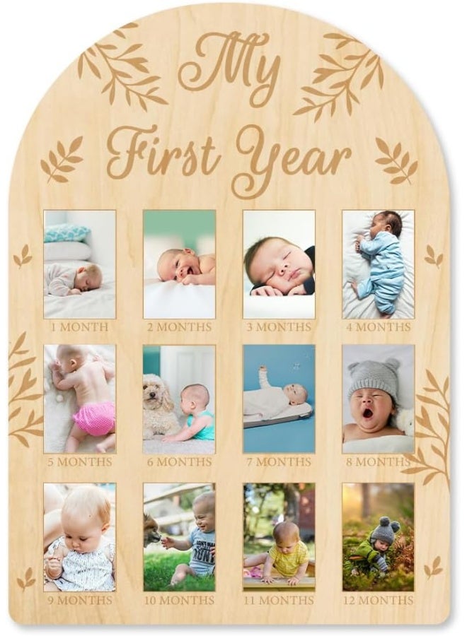 ORIGACH My First Year Baby Growth Photo Display Wood Board - 12 Months Newborn Milestones Picture Frame - Neutral Baby Keepsake Board 1st Birthday Party Nursery Decor New Mom Gift - Leaves Pattern - Image 1