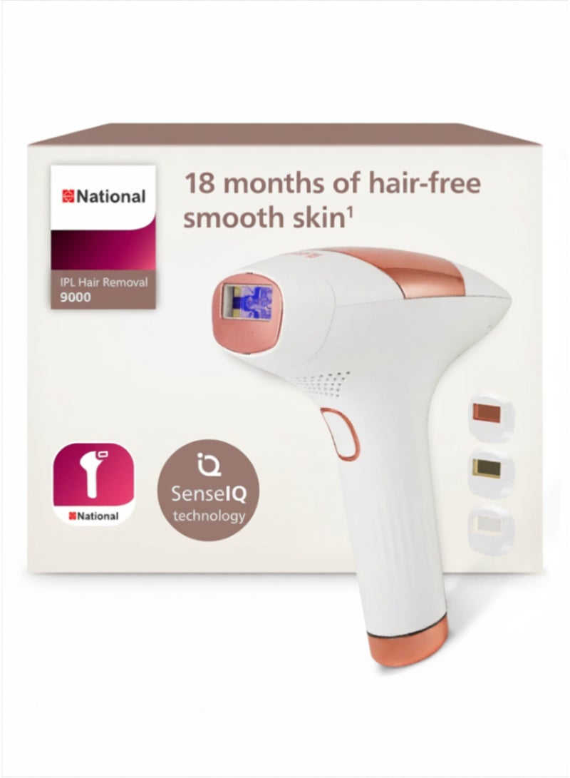 National إزالة الشعر بتقنية IPL، سلسلة 9000، تقنية SenseIQ، 3 ملحقات، للجسم، الوجه، دقة، استخدام بدون سلك، BRI955/60، أبيض/ذهبي وردي