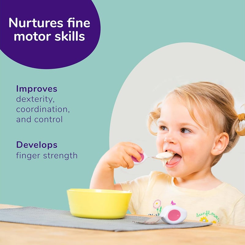 Doddl Toddler Utensils, Ergonomic Fork and Spoon Set for Self Feeding, Stainless Steel Silverware for 1-3 Year Olds, BPA Free, Dishwasher Safe (Aqua (Triple Pack)) - Image 4