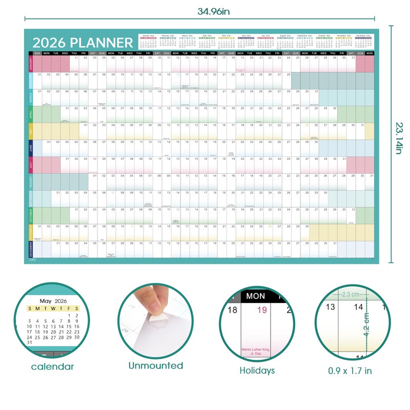 Artfan 2026 Yearly Wall Calendar - 2026 Wall Calendar, Jan. 2026 - Dec. 2026, 2026 Yearly Calendar with Julian Dates, Thick Paper, Round Sticks, 34.9" x 23.1"(Open) - Colorful - Image 3