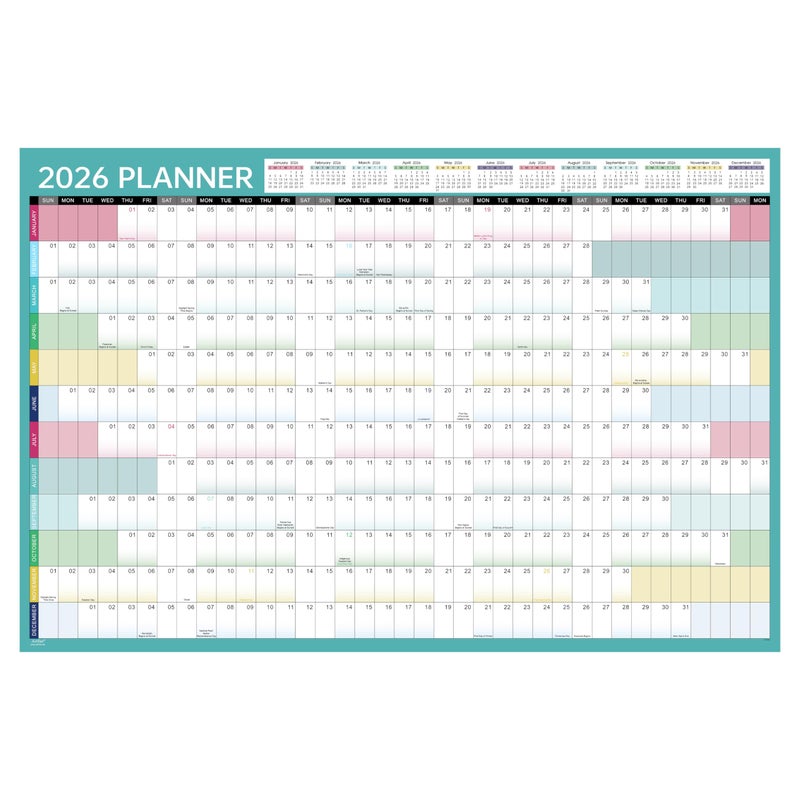 Artfan 2026 Yearly Wall Calendar - 2026 Wall Calendar, Jan. 2026 - Dec. 2026, 2026 Yearly Calendar with Julian Dates, Thick Paper, Round Sticks, 34.9" x 23.1"(Open) - Colorful - Image 1
