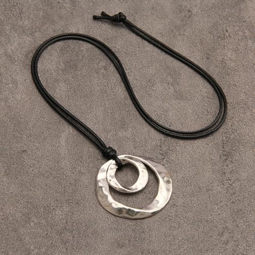 joymiao Chunky Boho Necklace for Women Trendy Vintage Long Pendant Necklace with Large Silver Double Layer Pendant Brown Circle Bohemian Ethnic Hippie Jewelry - Image 5