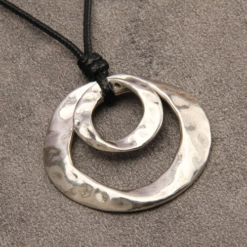 joymiao Chunky Boho Necklace for Women Trendy Vintage Long Pendant Necklace with Large Silver Double Layer Pendant Brown Circle Bohemian Ethnic Hippie Jewelry - Image 4