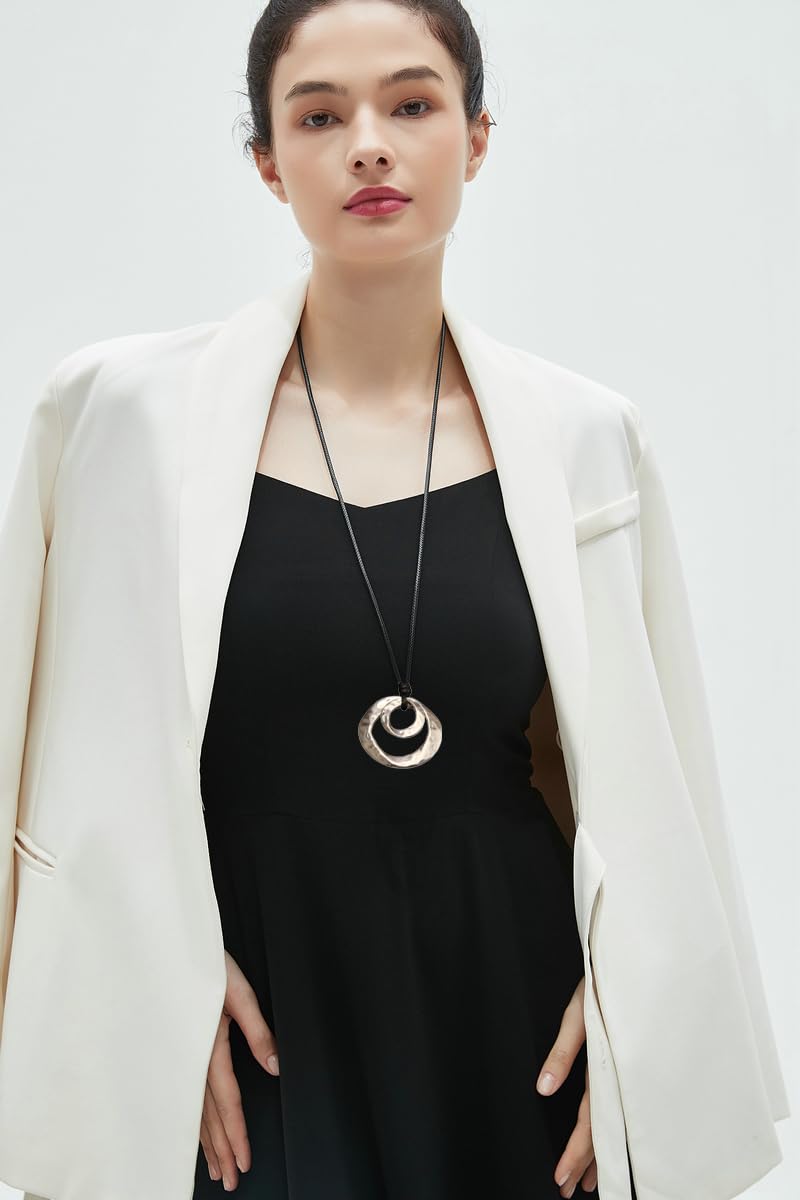 joymiao Chunky Boho Necklace for Women Trendy Vintage Long Pendant Necklace with Large Silver Double Layer Pendant Brown Circle Bohemian Ethnic Hippie Jewelry - Image 3
