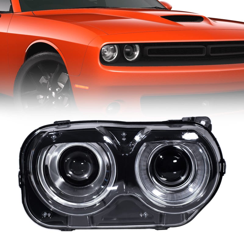 VLINCAR Headlight Assembly Compatible with Dodge Challenger Halogen Model 2015 2016 2017 2018 2019 2020 2021 Headlamp with Black Housing Replacement Right Passenger Side RH 68174064AF CH2503267
