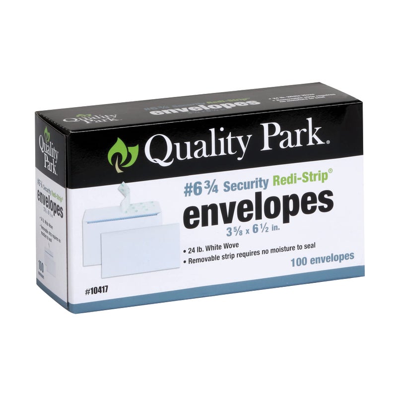 Quality Park #6 3/4 Self-Seal Security Envelopes, Security Tint and Pattern, Redi-Strip Closure, 24-lb White Wove, 3-5/8 x 6-1/2, 100/Box (QUA10417) - Image 1