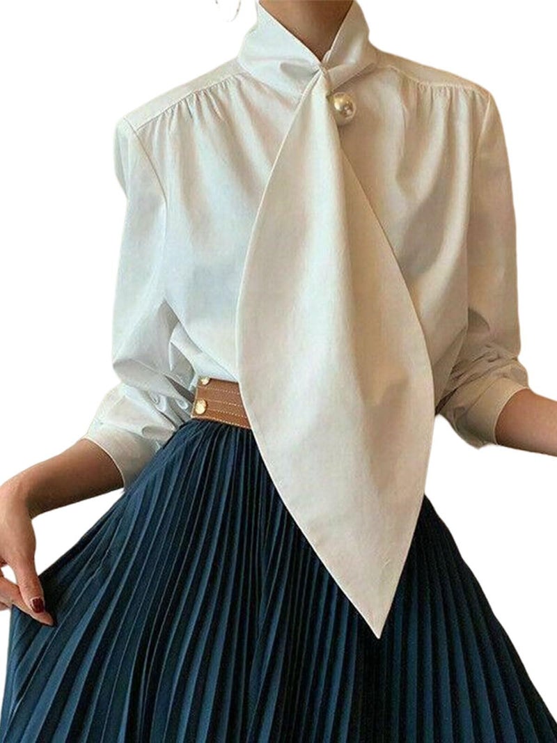 UOOZEE Women's Long Sleeve Button Down Tie Neck Blouse Dressy Casual Formal Office Work Shirt Tops, White L - Image 1
