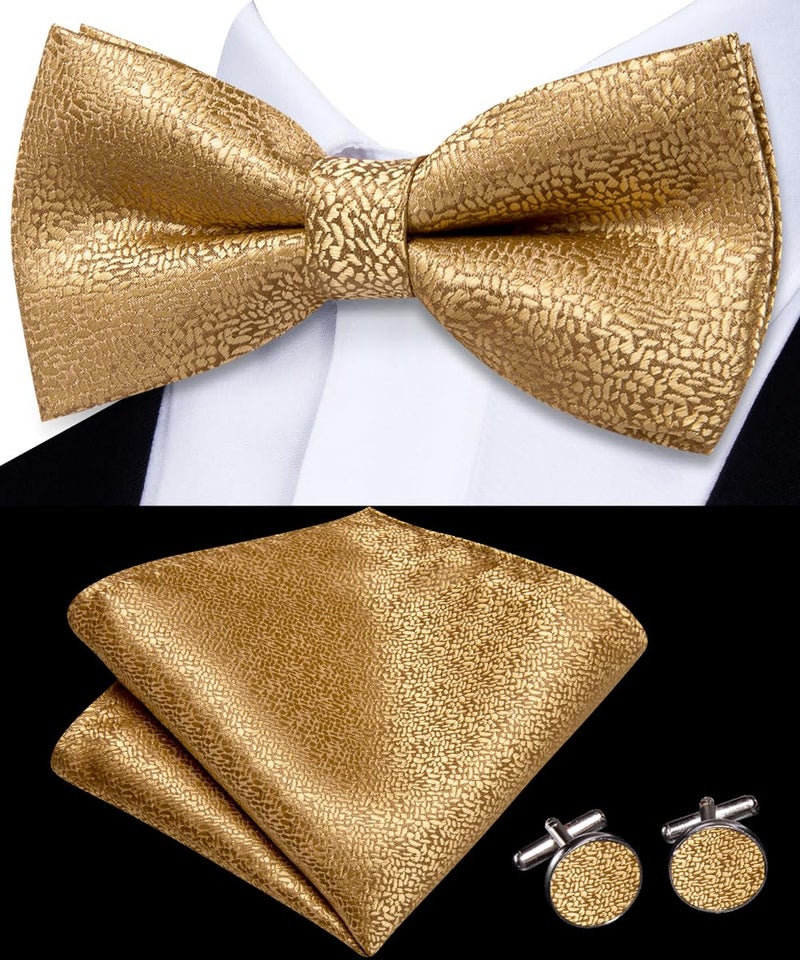 Dubulle Gold Bow Tie Lapel Pin Set for Men Mens Solid Gold Pretied Bowties Handkerchief Cufflinks - Image 5