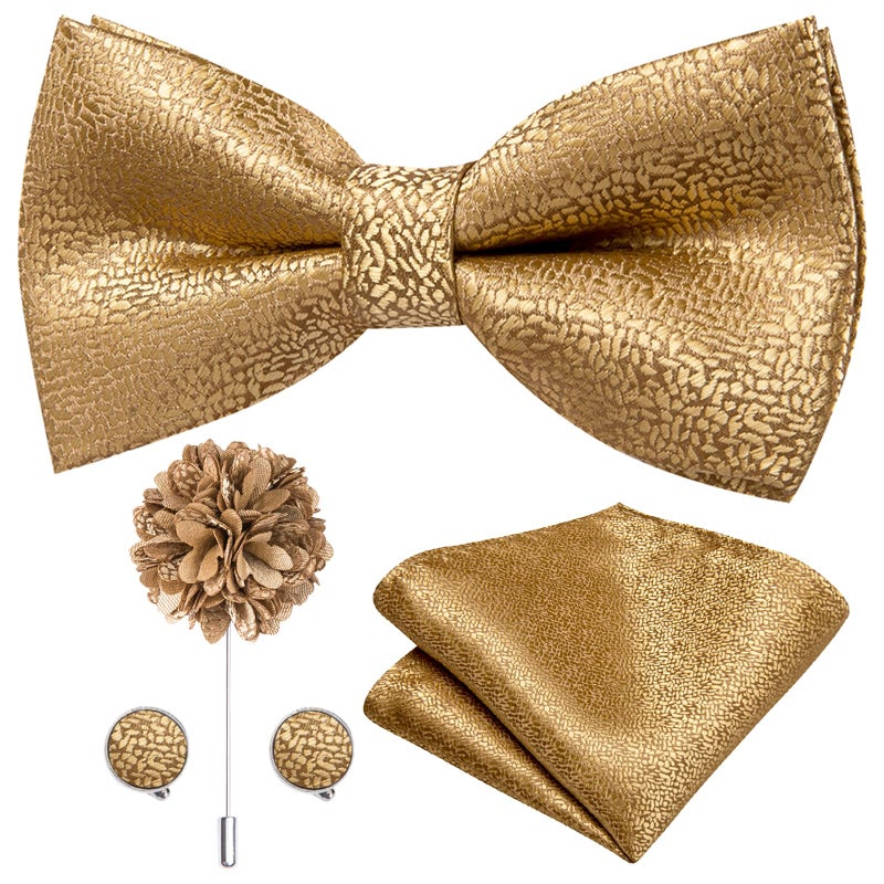 Dubulle Gold Bow Tie Lapel Pin Set for Men Mens Solid Gold Pretied Bowties Handkerchief Cufflinks - Image 1